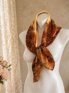Vintage Burmel Silk Scarf | Marbled Rust Amber Print | 1960s Square